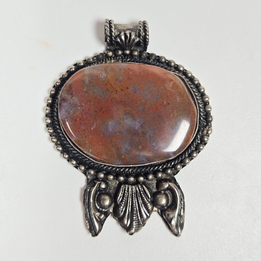 Vintage Silver Tone Oval Red Moss Agate Jasper Cabochon Pendant Boho Western